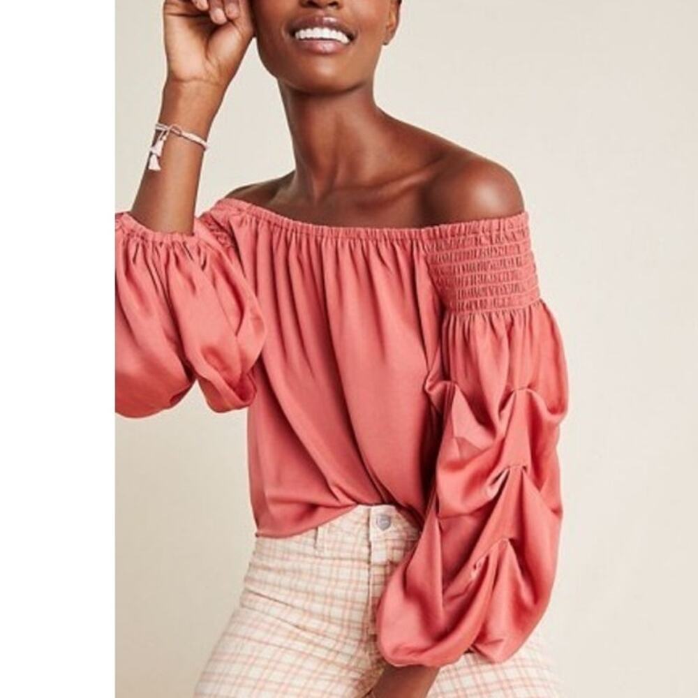 Anthropologie DOLAN Tula Off-The-Shoulder Blouse Coral Pink XS Top Statement